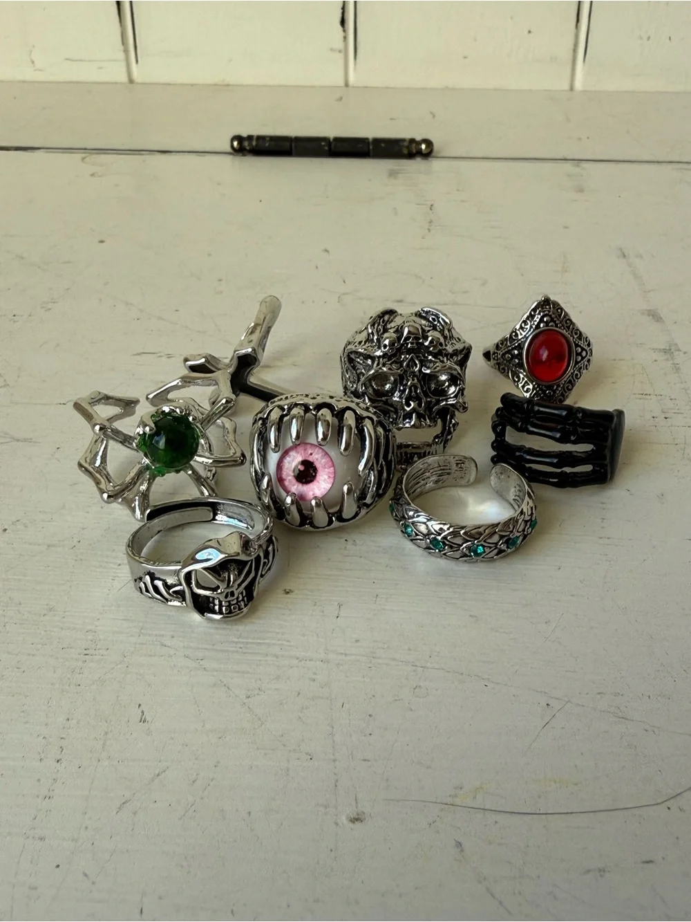 8PC MALL GOTH Ring Set Grunge Skull Spider Eyeball Skeleton Hand Silver Pack